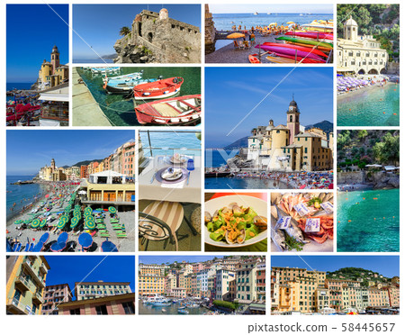 Colorful buildings and beach at Camogli on sunny summer day, Liguria 58445657