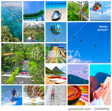Travel activity - Collage from views of the Caribbean beaches - Boat trip snorkeling in exotic Travel activity - Collage from views of the Caribbean beaches - Boat trip snorkeling in exotic 58446008