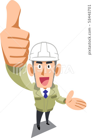 A man in a construction shop wearing a helmet to thumb up and introduce 58448701