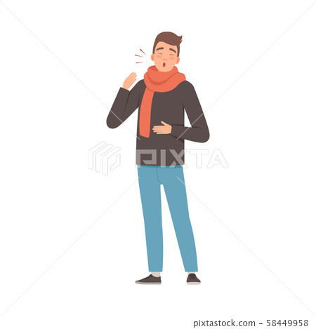 Brunette male with a scarf on a sore throat. Vector illustration. 58449958