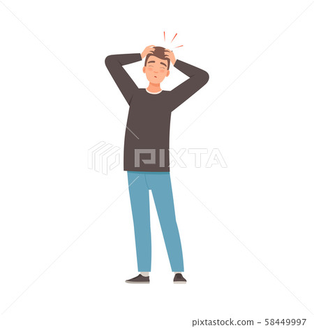 Brunette man holds on to a sore head. Vector... - Stock Illustration ...