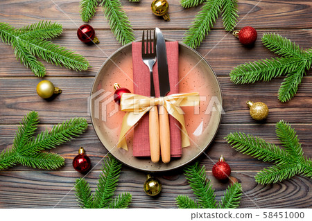Top view of New Year dinner on festive wooden 58451000