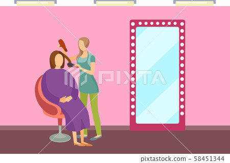 Woman Stylist Using Hair Dryer Make Client Haircut Woman Stylist Using Hair Dryer Make Client Haircut 58451344