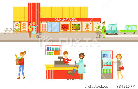 Supermarket Interior Elements Set, People Choosing and Buying Products in the Shop Vector 58451577