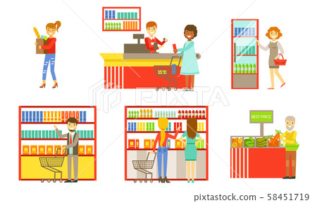 Supermarket Interior Elements Set, People Choosing and Buying Products in the Mall or Shop Vector Supermarket Interior Elements Set, People Choosing and Buying Products in the Mall or Shop Vector 58451719