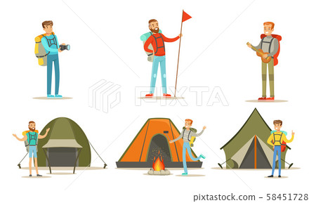 Men Hiking with Backpacks on Vacation Set, Tourist Tents, Backpackers Spending Time at Summer Camp 58451728