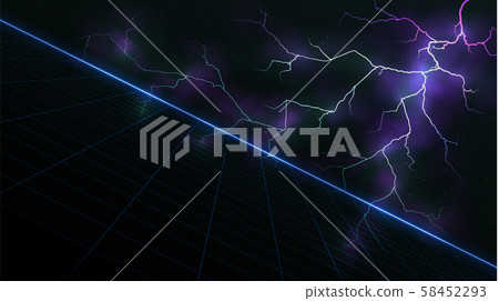 Synthwave vaporwave retrowave background with blue laser grid and lightning glowing in clouds in 58452293