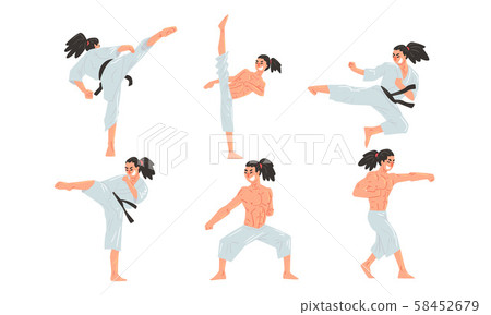 Male Karate Fighter in White Kimono Practicing Martial Art Set, Athlete Doing Karate Vector Male Karate Fighter in White Kimono Practicing Martial Art Set, Athlete Doing Karate Vector 58452679