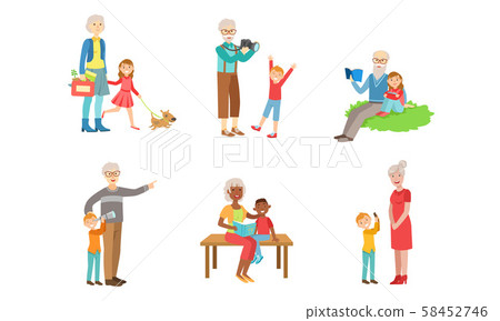 Grandparents Spending Time with Grandchildren Set, Grandfather and Grandmother Playing, Walking 58452746