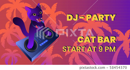 Dj Party Banner Template With Mad Cat Dj On Stock Illustration