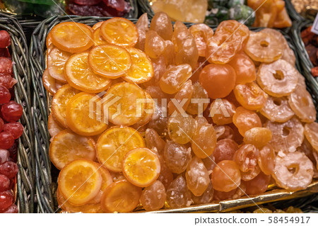 Candied fruits in famous market Boqueria in Candied fruits in famous market Boqueria in 58454917