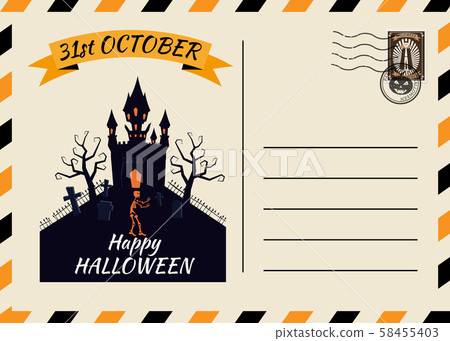 Happy Halloween Postcard invitation Dark Castle Cemetery template with Postage Stamp background 58455403