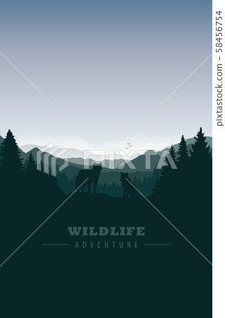 wolf pack in the green forest with mountain landscape wolf pack in the green forest with mountain landscape 58456754