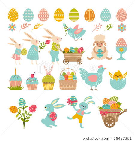 Rabbits, eggs and others symbols of easter Rabbits, eggs and others symbols of easter 58457391