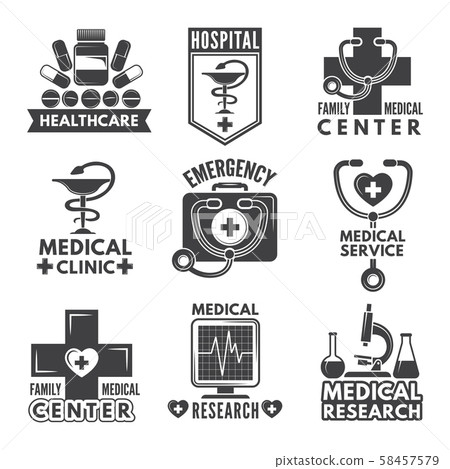 Pharmacy, chemistry or medicine labels set. Vector monochrome logos template 58457579