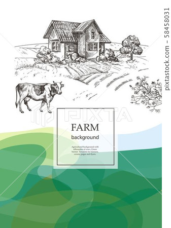Cow and village house. Agricultural brochure layout design. Cow and village house. Agricultural brochure layout design. 58458031