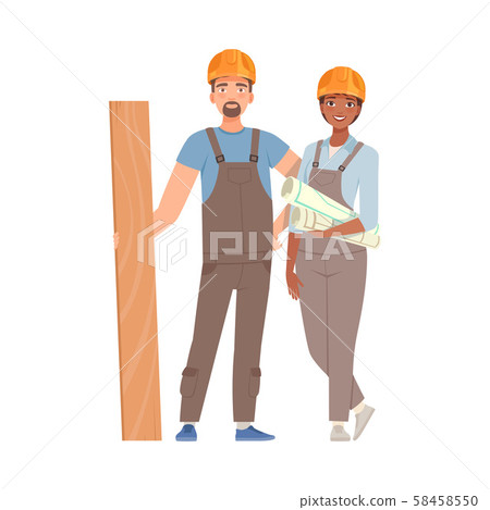 Pair of builders in gray overalls. Vector illustration. Pair of builders in gray overalls. Vector illustration. 58458550
