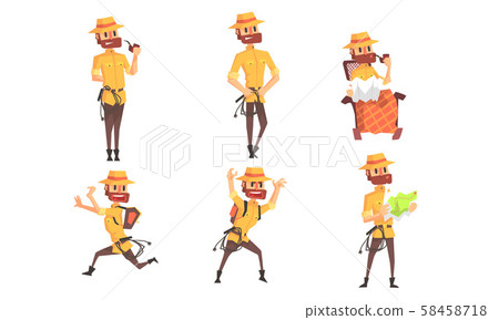 Archaeologist Scientist Cartoon Character in Different Situations Set, Funny Bearded Man in Safari 58458718