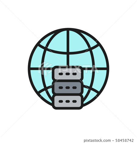 Global hosting server, data centr flat color line icon. 58458742
