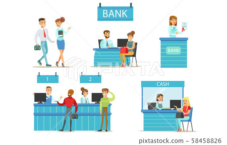 Bank Managers and Clients Set, Banking Service, People Standing at the Bank Office and Making 58458826