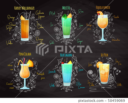 Recipes for different cocktails. Mojito, Pina Colada, Blue Lagoon and others. 58459069