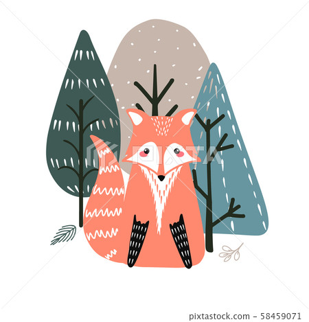 Cute fox on a background of trees. Hand drawn 58459071