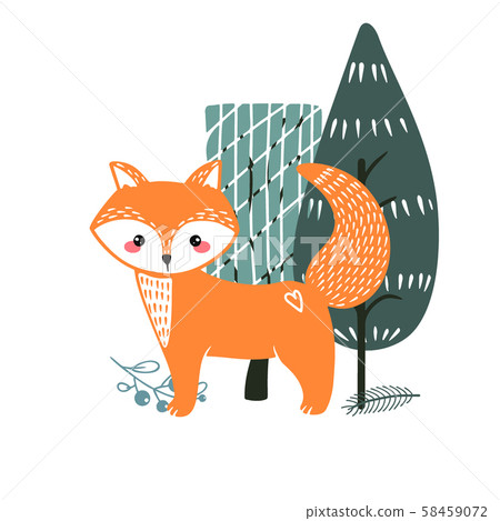 Cute fox on a background of trees. Hand drawn 58459072