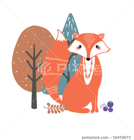 Cute fox on a background of trees. Hand drawn 58459073