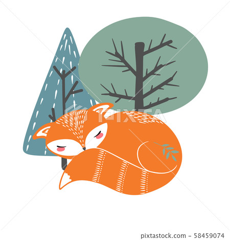 Cute fox on a background of trees. Hand drawn 58459074