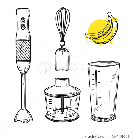 Set of different parts of a blender. Hand blender. Set of different parts of a blender. Hand blender. 58459096