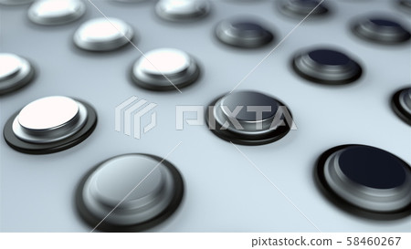 Surface with numerous repeating metal buttons, isometric background, computer generated 3d rendering 58460267