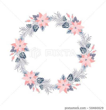 Christmas vector wreath with pink flowers and cone branches with place for text. Isolated xmas 58460829