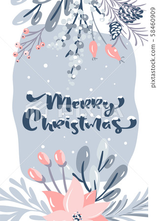 Merry Christmas greeting card design with floral wreath decoration and hand written calligraphic 58460909