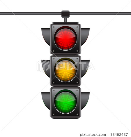 Hanging traffic lights with all three colors on. 58462487
