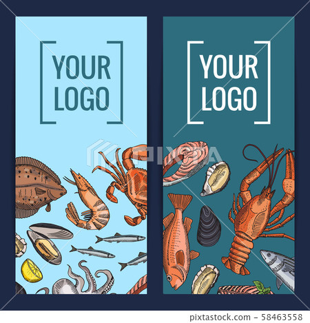 Vector card or flyer templates with colored hand drawn seafood elements 58463558
