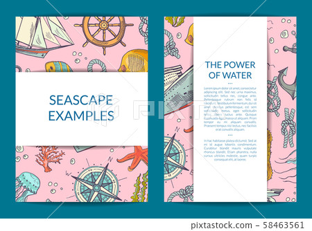 Vector sketched sea elements card or brochure template Vector sketched sea elements card or brochure template 58463561