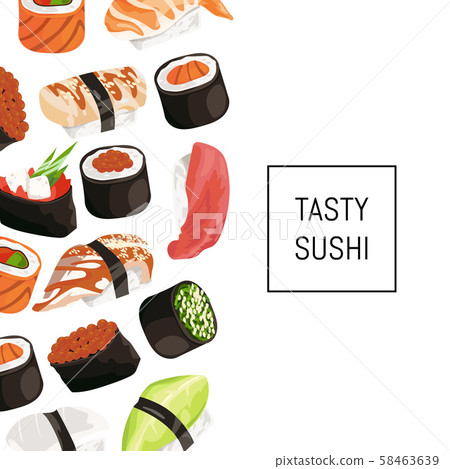 Vector cartoon sushi types background with place for text Vector cartoon sushi types background with place for text 58463639