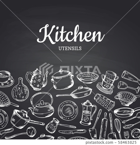 Vector background on black chalkboard illustration with kitchen utensils and place for text Vector background on black chalkboard illustration with kitchen utensils and place for text 58463825