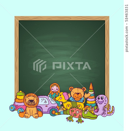 Vector green chalkboard illustration with place for textand pile of kid toys hand drawn and colored 58463831