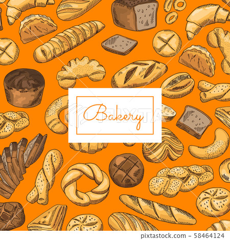 Vector hand drawn colored bakery elements background with place for text 58464124