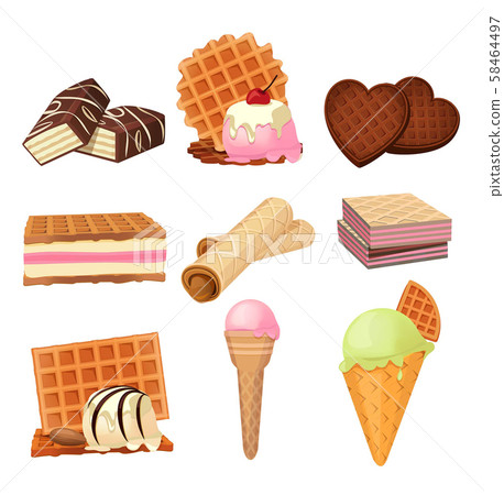 Vector pictures set of vaffel dessert with cream. Illustrations isolate on white 58464497