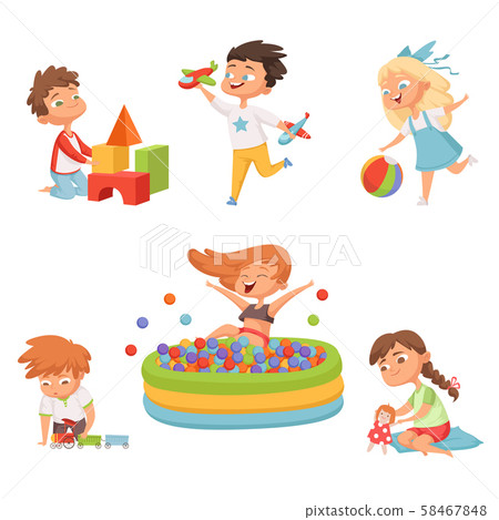 Preschool childrens playing in various toys. Vector illustrations in cartoon style 58467848