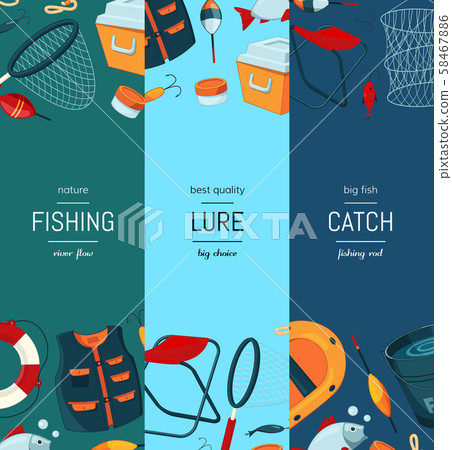 Vector banners, card or flyer illustration with cartoon fishing equipment Vector banners, card or flyer illustration with cartoon fishing equipment 58467886
