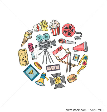 Vector cinema doodle icons in circle shape illustration Vector cinema doodle icons in circle shape illustration 58467910