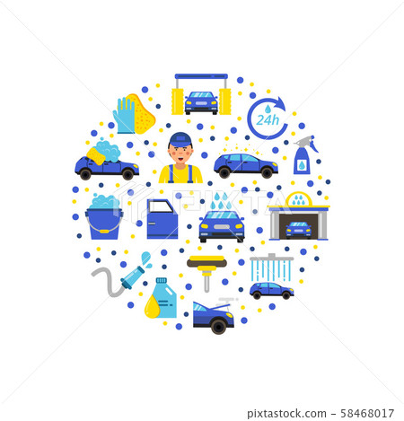 Vector car wash flat icons in circle illustration 58468017