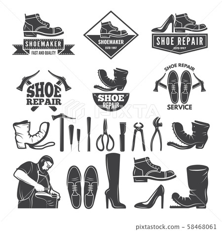 Monochrome illustrations of various tools for shoe repair. Labels or logos for clothing factory 58468061
