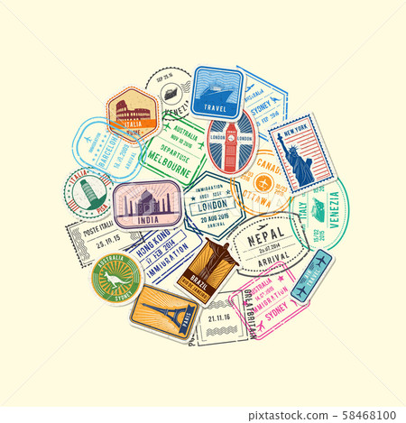 Vector world immigration and post stamp marks gathered in circle illustration 58468100
