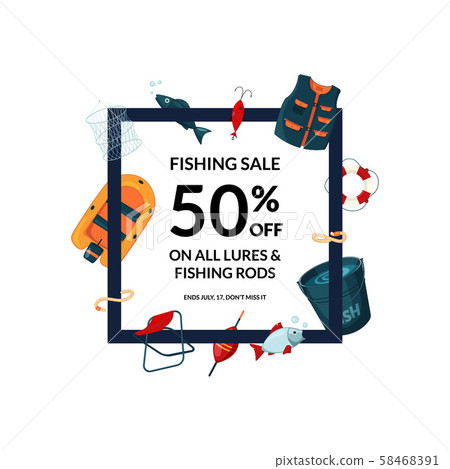 Vector frame with cartoon fishing equipment illustration Vector frame with cartoon fishing equipment illustration 58468391