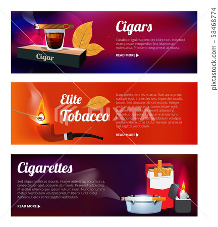 Horizontal banners with illustrations of hookah, cigarettes and various tools for smokers Horizontal banners with illustrations of hookah, cigarettes and various tools for smokers 58468774