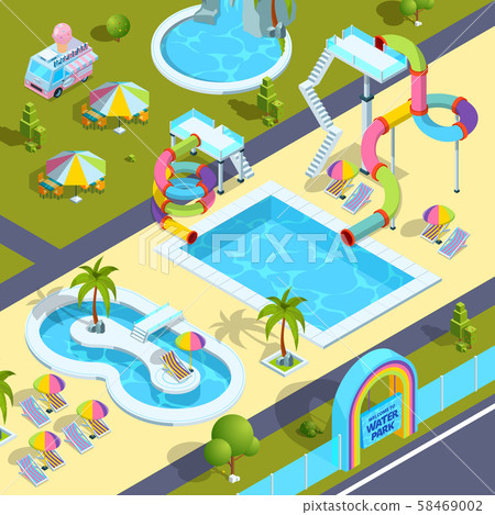 Pictures of outdoor attractions in water park. Vector isometric illustrations 58469002